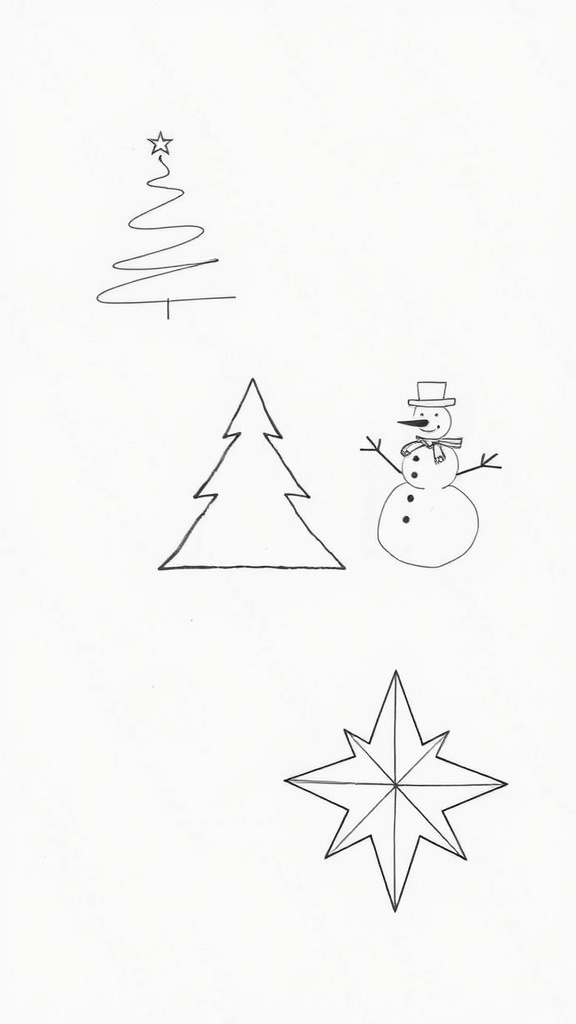 Minimalist Christmas drawings including a tree, snowman, and star on a neutral background.